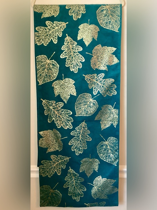 Source Unknown Other - Teal & Gold Beaded Autumn Leaves Table Runner 6’ Long Velvet & Silk Type Fabric